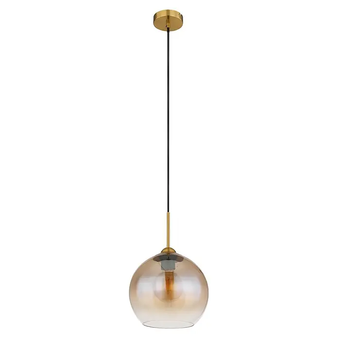 Globo Pendelleuchte Jamessa - Höhe: 1.200 mm, 60 W, E27 - Messing-Pendelleuchte mit schwarzem Kabel und bernsteinfarbenem Glasschirm, der eine Glühbirne umschließt.