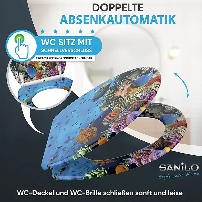 SANILO WC-Sitz Ocean mit Schnellverschluss - MDF, Blau, Mit Absenkautomatik - Toilettensitz mit Korallenriff- und Fischmuster, doppelter Absenkautomatik und Schnellverschluss zum einfachen Abnehmen.