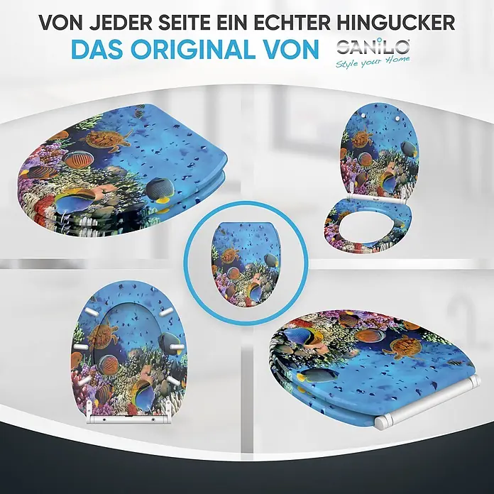 SANILO WC-Sitz Ocean mit Schnellverschluss - MDF, Blau, Mit Absenkautomatik - WC-Sitz mit lebendigem Unterwasser-Korallenriff-, Fisch- und Meeresschildkröten-Design, aus verschiedenen Blickwinkeln dargestellt.