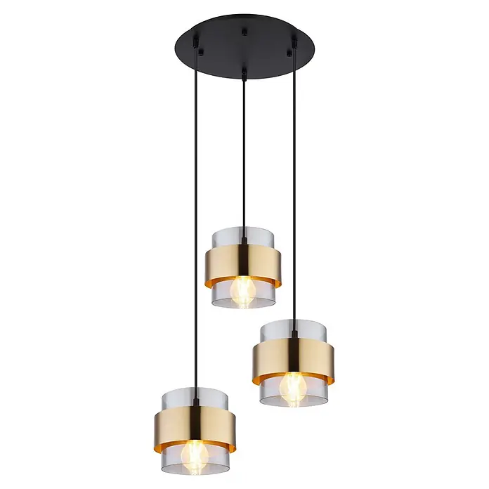 Globo Pendelleuchte Milley - 60 W, Gold, Schwarz, E27 - Dreiflammige Pendelleuchte mit schwarzer Platte, goldfarbenen Bändern, klaren Schirmen und sichtbaren Glühlampen.