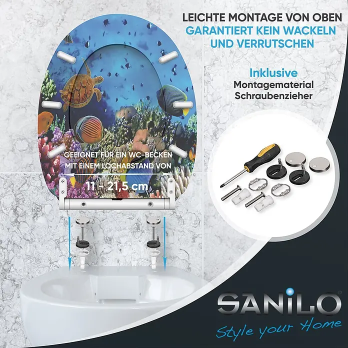 SANILO WC-Sitz Ocean mit Schnellverschluss - MDF, Blau, Mit Absenkautomatik - Toilettensitz mit Unterwassermotiv, auf WC montiert, mit Montagematerial und Schraubenzieher. Einfache Montage, verstellbarer Lochabstand.