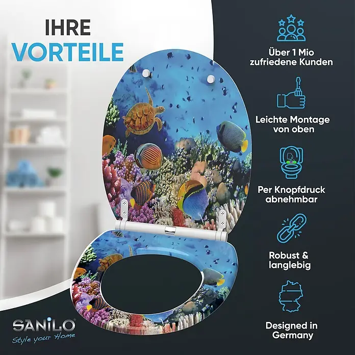 SANILO WC-Sitz Ocean mit Schnellverschluss - MDF, Blau, Mit Absenkautomatik - Ein Toilettensitz mit lebendigem Unterwasser-Korallenriff-Design mit Fischen und einer Schildkröte, mit Schnellverschluss und robusten Eigenschaften.