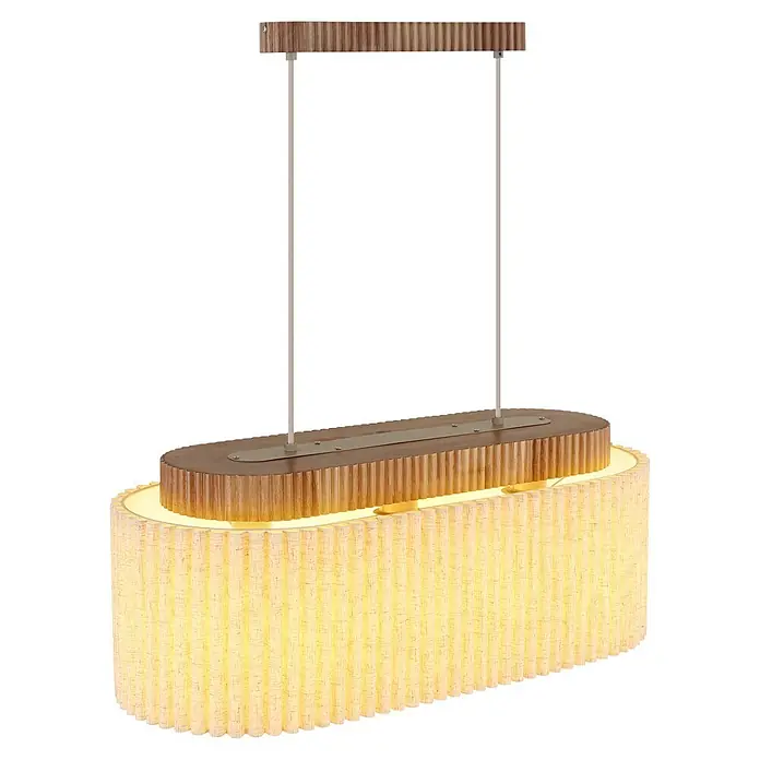 Globo Pendelleuchte Jannie - L x B x H: 700 x 300 x 1.500 mm, E27, Max. Systemleistung: 40 W - Längliche moderne Pendelleuchte mit Holzplatte und geripptem Stoffschirm, der warmes Umgebungslicht ausstrahlt.