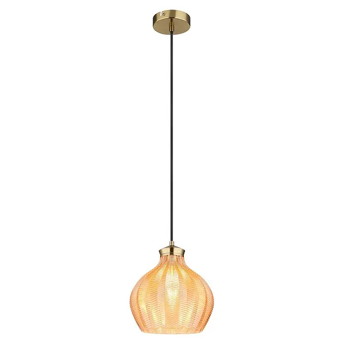 Globo Pendelleuchte Jessica - Höhe: 1.200 mm, 60 W, E27 - Bernsteinfarbene Pendelleuchte aus geripptem Glas mit schwarzem Kabel und Messingbeschlägen.