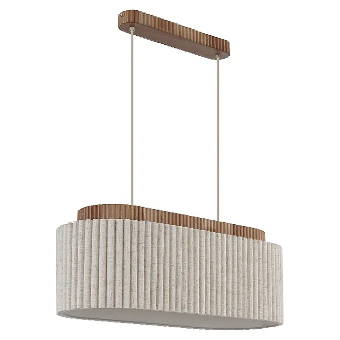Globo Pendelleuchte Jannie - L x B x H: 700 x 300 x 1.500 mm, E27, Max. Systemleistung: 40 W - Zweifarbige Pendelleuchte mit Holz-Oberleiste und plissiertem, hellbeigem Stoffschirm, an zwei Kabeln hängend.