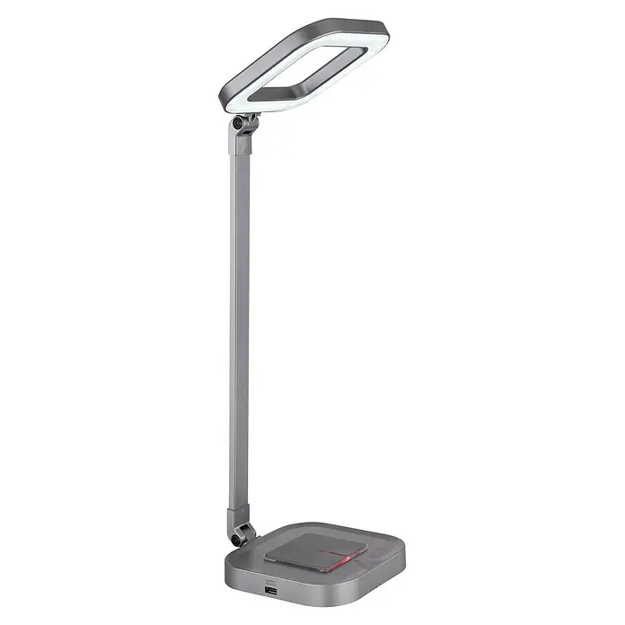 Globo LED-Tischleuchte Monaco - 8 W, L x B x H: 43 x 14,5 x 58 cm, Grau - Silberne/graue LED-Schreibtischlampe mit flexiblem Arm, modernem Leuchtkopf, USB-Ladeanschluss und kabelloser Ladestation an der Basis.