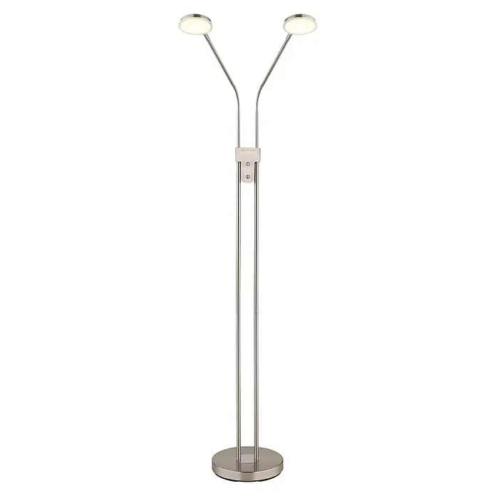 Globo LED-Deckenfluter Silvio - 6,5 W, Höhe: 1.720 mm - Gebürstete Nickel-Stehlampe mit zwei Köpfen, verstellbaren Armen und rundem Fuß. Lichter sind an.