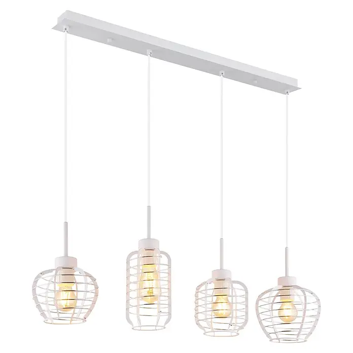 Globo Pendelleuchte Nesa - 60 W, L x B x H: 900 x 205 x 1.200 mm - Weiße Pendelleuchte mit vier Lichtquellen und Metallkäfigschirmen.