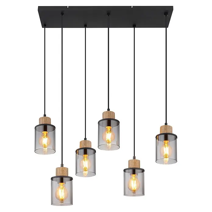 Globo Pendelleuchte Reid - 15 W, L x B x H: 62 x 18 x 120 cm, Natur, Schwarz, E27 - Schwarze rechteckige Mehrfach-Pendelleuchte mit sechs Rauchglas-Schirmen, Holz-Akzenten und warmen Filament-Glühbirnen.