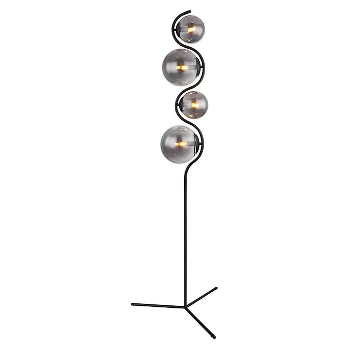 Globo Stehleuchte Porry - 25 W, Höhe: 160 cm, Schwarz, Rauchfarben, E14 - Moderne Stehleuchte aus schwarzem Metall mit vier Rauchglas-Kugeln und beleuchteten Glühbirnen.
