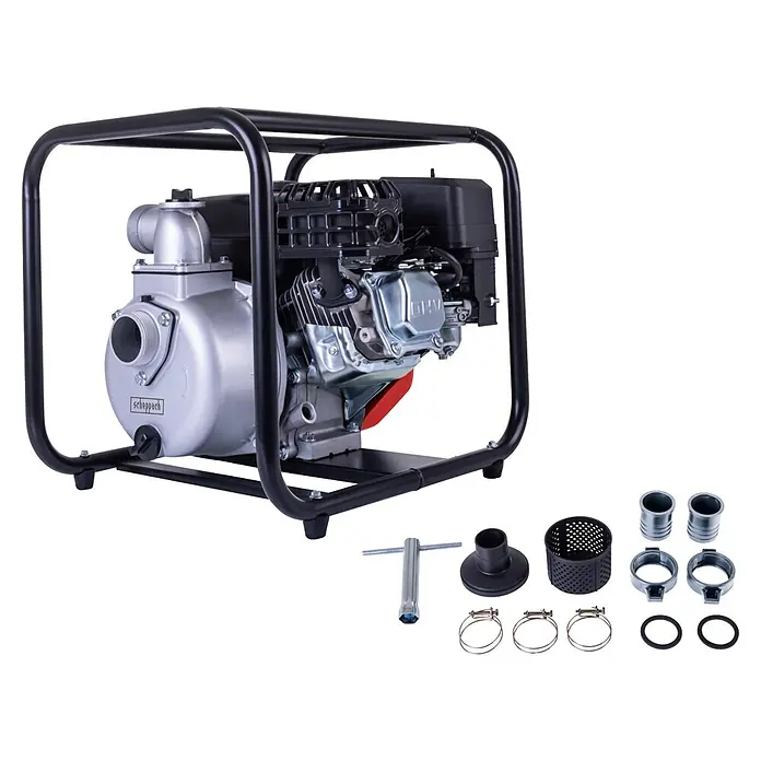 Scheppach Benzin-Pumpe PWP32 - 3,9 kW, Max. Fördermenge: 32.000 l/h - Silber-schwarze Benzin-Wasserpumpe mit Rahmen und Zubehör: Schlauchanschlüsse, Schellen und Filter.