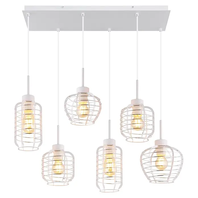 Globo Pendelleuchte Nesa - 60 W, L x B x H: 775 x 330 x 1.200 mm, E27 - Weiße Deckenleuchte mit sechs Pendelleuchten, jeweils mit einem Metallkäfigdesign und einer beleuchteten Edison-Glühbirne.