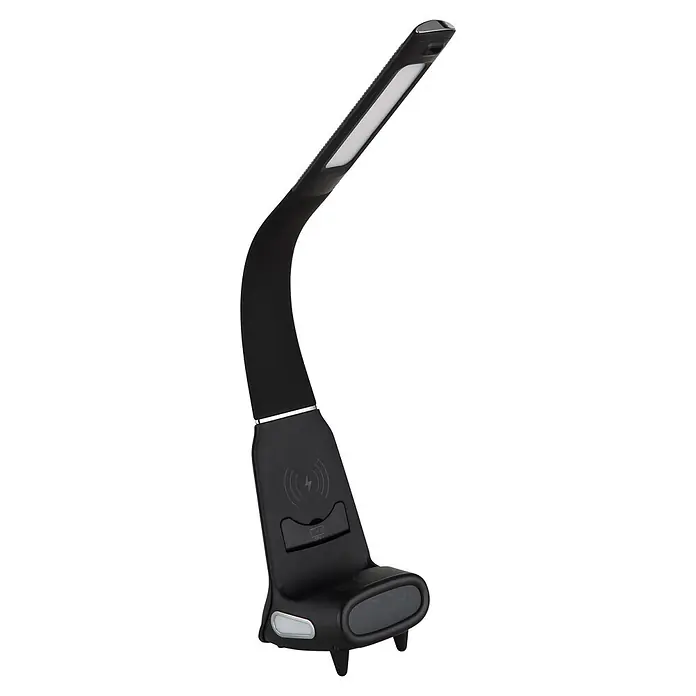 Globo LED-Tischleuchte Malik - 10 W, L x B x H: 250 x 100 x 500 mm - Schwarze, flexible LED-Schreibtischlampe mit integrierter kabelloser Ladestation und Digitaluhr.