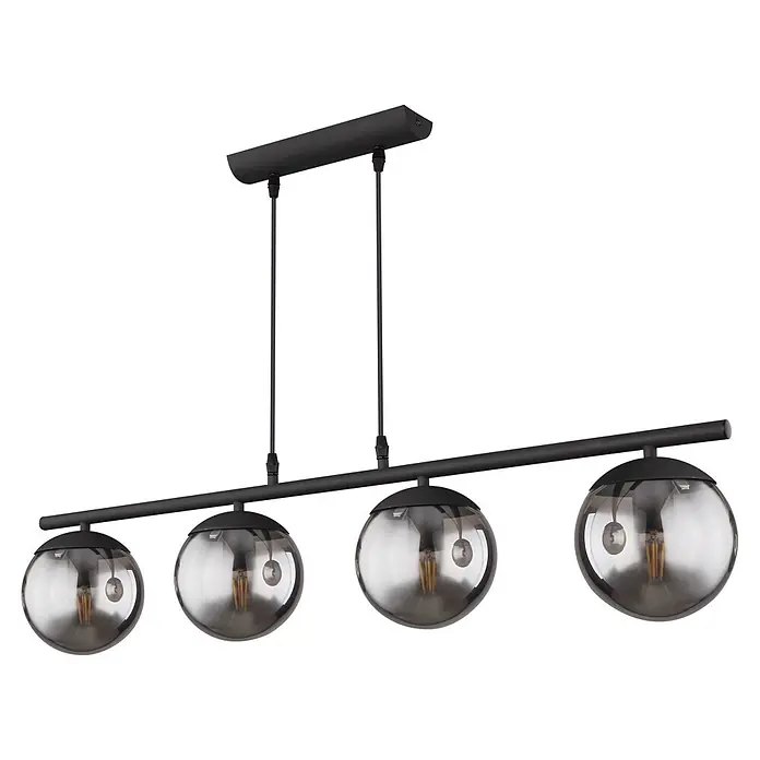 Globo Pendelleuchte Blama - L x B x H: 90 x 15 x 120 cm, Schwarz - Schwarze lineare Deckenleuchte mit vier Rauchglas-Kugelschirmen und Filamentlampen.