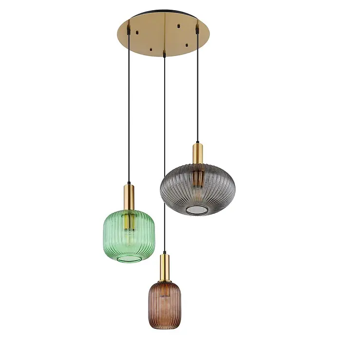 Globo Pendelleuchte Tulivar - Höhe: 1.300 mm, 60 W - Dreiflammige Deckenleuchte mit gerippten Glasschirmen in Grün, Rauchgrau und Amber, mit goldfarbenen Metallfassungen.