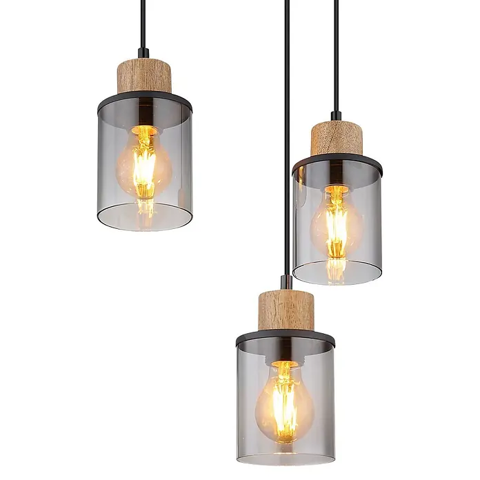 Globo Pendelleuchte Reid - 15 W, L x B x H: 62 x 18 x 120 cm, Natur, Schwarz, E27 - Set von drei modernen Pendelleuchten mit Holzakzenten, schwarzen Ringen, Klarglasschirmen und sichtbaren Filamentbirnen.