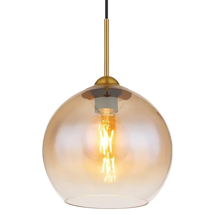 Globo Pendelleuchte Jamessa - Höhe: 1.200 mm, 60 W, E27 - Runde bernsteinfarbene Glas-Pendelleuchte mit goldener Fassung und warm leuchtender Filamentbirne.