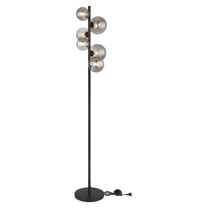 Globo Riha LED-Stehleuchte - 3,5 W, Höhe: 155 cm, Warmweiß - Schwarze Stehleuchte mit rauchgrauen Glaskugeln, warmem Licht und Fußschalter.
