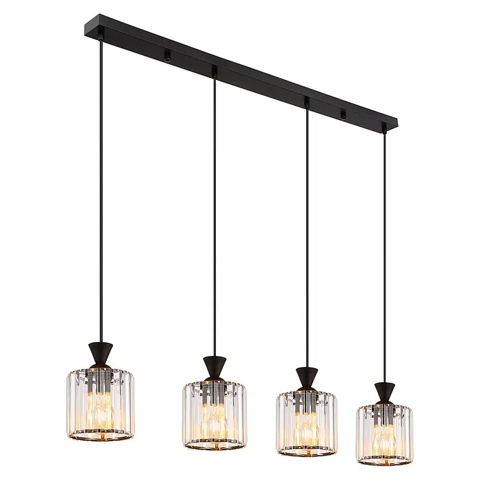 Globo Pendelleuchte Jordana - Höhe: 1.200 mm, 60 W, E27 - Schwarze lineare Deckenleuchte mit vier Pendelstrahlern aus klarem Riffelglas und glühenden Filamentbirnen.