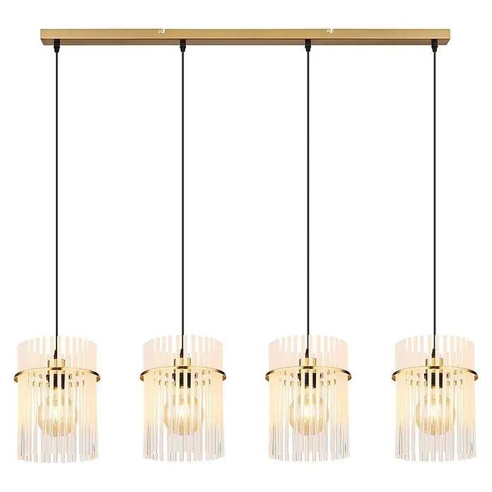 Globo Pendelleuchte Gorley - 60 W, L x B x H: 1.100 x 200 x 1.400 mm, E27 - Lineare Pendelleuchte mit vier goldfarbenen Schirmen aus klaren Glasstäben und sichtbaren Glühbirnen.