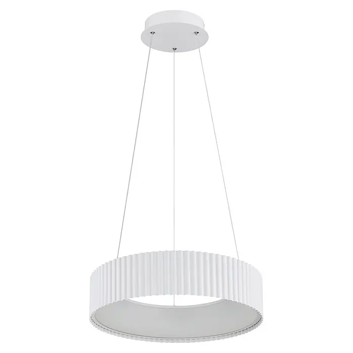 Globo LED-Pendelleuchte rund Kemp - 45 W, Ø x H: 460 x 1.200 mm, Warmweiß - Weiße runde LED-Pendelleuchte mit geriffelter Seitenstruktur, an Kabeln von einer Deckenhalterung abgehängt.