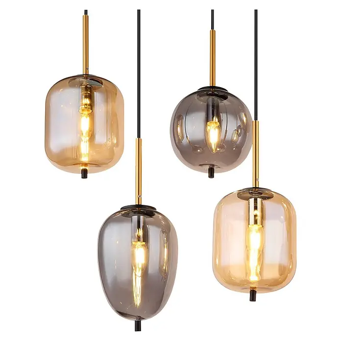 Globo Pendelleuchte Tulivar - 40 W, L x B x H: 1.025 x 340 x 1.200 mm - Vier moderne Pendelleuchten mit transparenten Glasschirmen (bernstein und grau) und goldfarbenen Akzenten.