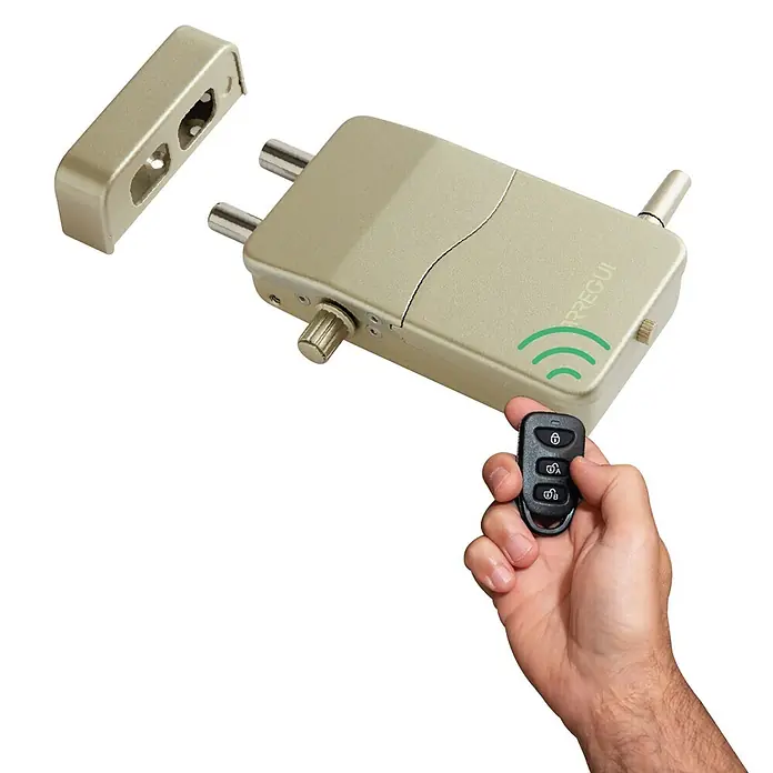 Arregui Cerradura electrónica CI10 - Dorado, Apto para: Puertas, Señal de alarma: 110 dB - Cerradura electrónica dorada de dos pestillos con placa de cierre y mando a distancia negro en una mano.