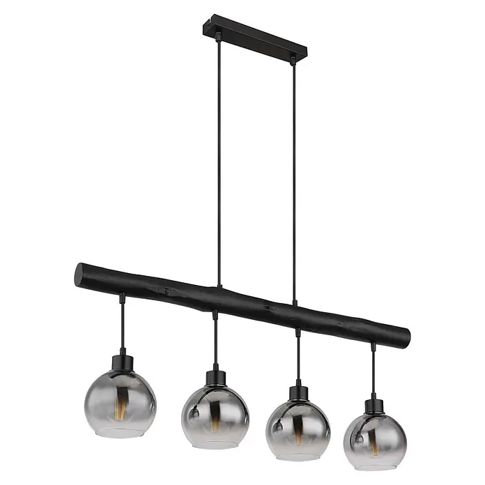Globo Pendelleuchte Moitas - Höhe: 1.200 mm, 40 W, E27 - Schwarze Deckenleuchte mit Querbalken und vier Rauchglas-Kugeln, die Glühfadenbirnen zeigen.