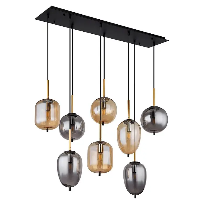 Globo Pendelleuchte Tulivar - 40 W, L x B x H: 1.025 x 340 x 1.200 mm - Mehrflammige Pendelleuchte mit schwarzer Basis, schwarzen Kabeln, goldfarbenen Akzenten und bernsteinfarbenen sowie rauchgrauen Glasschirmen.