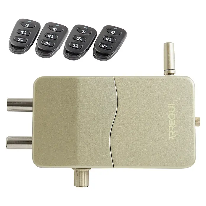 Arregui Cerradura electrónica CI10 - Dorado, Apto para: Puertas, Señal de alarma: 110 dB - Una cerradura de seguridad color champán con dos pestillos metálicos, un pomo, una antena y el logotipo ARREGUI, acompañada de cuatro mandos a distancia negros.