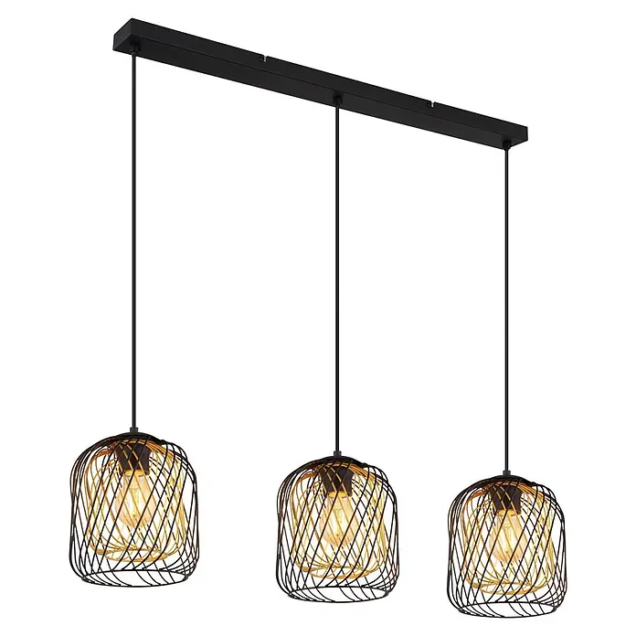 Globo Pendelleuchte Dichti - L x B x H: 840 x 180 x 1.500 mm, 40 W, E27 - Lineare Pendelleuchte mit drei schwarz-goldenen Drahtkäfigschirmen.