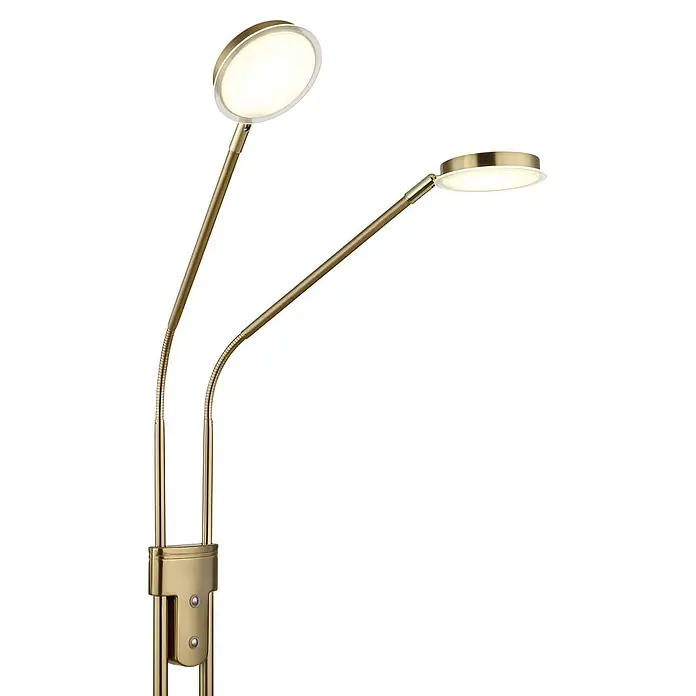 Globo LED-Deckenfluter Silvio - 6,5 W, Höhe: 1.730 mm - Goldene zweiköpfige Stehlampe mit flexiblen Armen und runden LED-Leuchtköpfen.