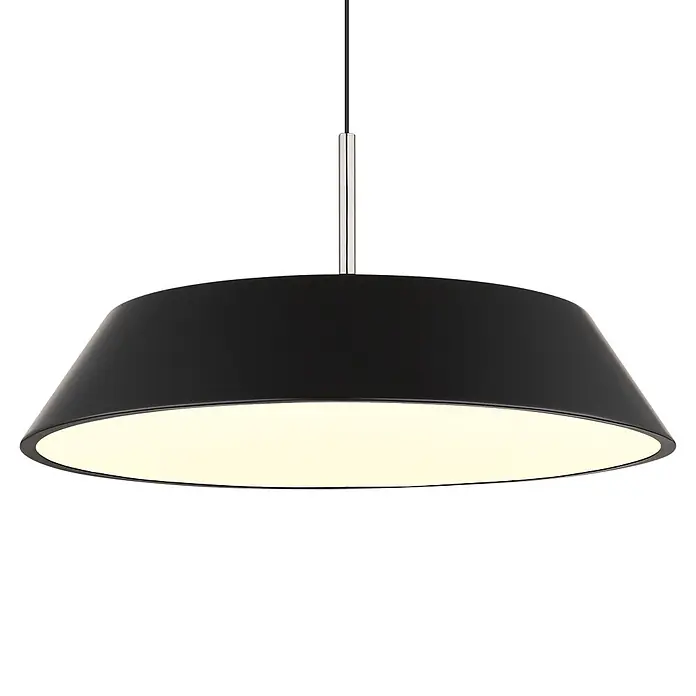 Globo LED-Pendelleuchte rund Silena - 24 W, Ø x H: 400 cm x 1.800 mm, Warmweiß - Schwarze Pendelleuchte aus Metall mit breitem, konischem Schirm und hellem, beleuchtetem Inneren, an Schnur und silberner Stange aufgehängt.