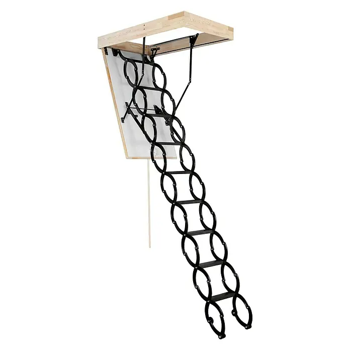Escalera escamoteable Thermo - 130 x 70 cm, Aislamiento térmico: 1,9 W/(m²K) - Escalera metálica para ático. La escalera para ático consta de una construcción de madera y una escalera de metal negro.