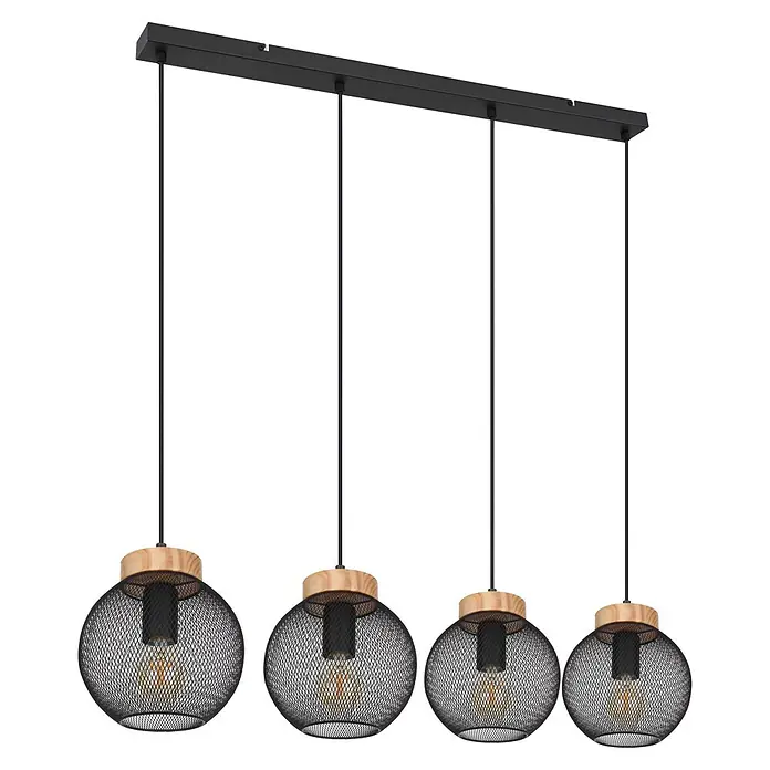 Globo Pendelleuchte Pablo - 40 W, L x B x H: 950 x 200 x 1.200 mm, E27 - Vierflammige Hängelampe mit schwarzer Deckenleiste. Jede Leuchte hat einen schwarzen Metallgitter-Kugelschirm, Holzdetails und sichtbare Glühbirnen.