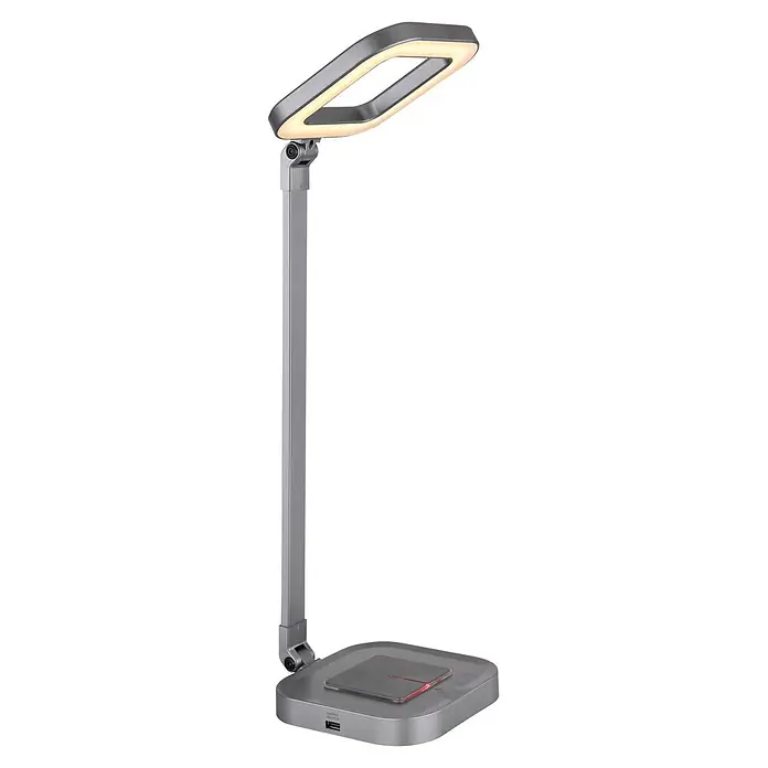 Globo LED-Tischleuchte Monaco - 8 W, L x B x H: 43 x 14,5 x 58 cm, Grau - Graue LED-Schreibtischlampe mit verstellbarem Arm, rechteckig-ovalem Leuchtenkopf, USB-Ausgang und kabelloser Ladebasis.