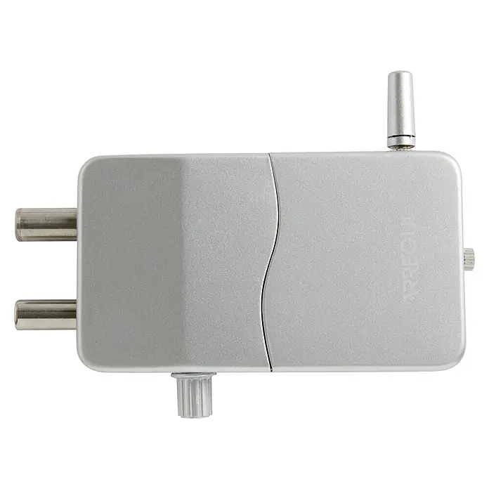 Arregui Cerradura electrónica CI10 - Plateado, Apto para: Puertas, Señal de alarma: 110 dB - Cerradura de puerta metálica gris plateado con dos cerrojos y un cilindro moleteado. Marca 'ARREGUI' visible.