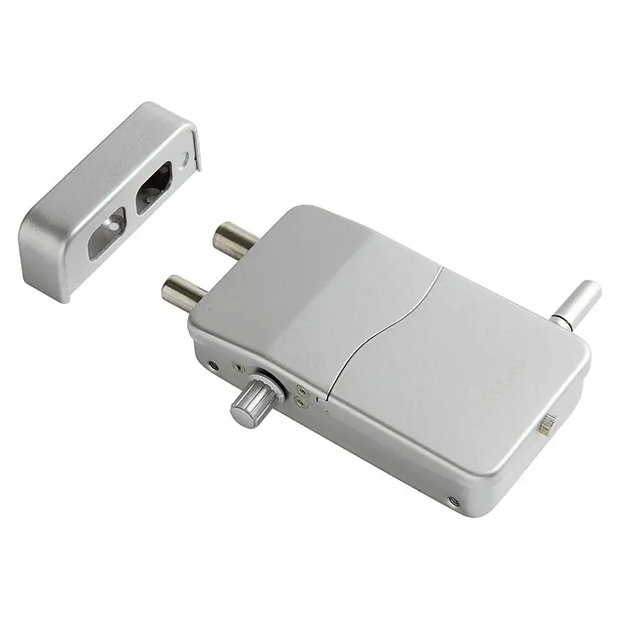 Arregui Cerradura electrónica CI10 - Plateado, Apto para: Puertas, Señal de alarma: 110 dB - Cerradura de puerta plateada de superficie con dos cerrojos y una placa de impacto a juego.