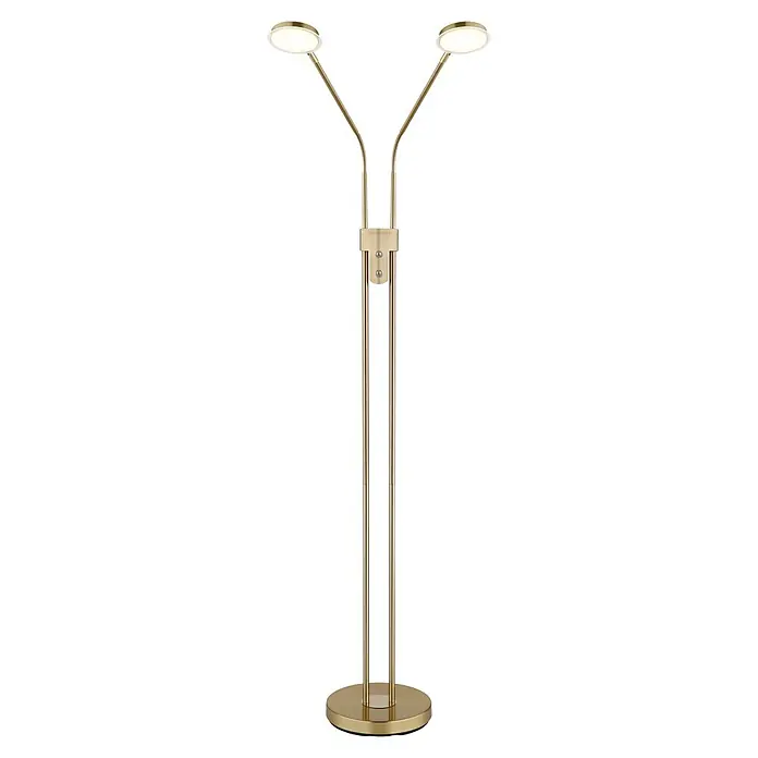 Globo LED-Deckenfluter Silvio - 6,5 W, Höhe: 1.730 mm - Stehleuchte aus goldfarbenem Metall mit zwei leuchtenden, verstellbaren LED-Lichtköpfen.
