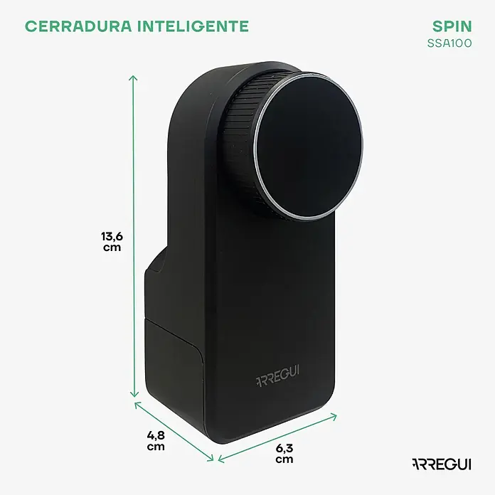 Arregui Cerradura electrónica Spin - Mediante app - Cerradura inteligente negra con pomo circular y dimensiones visibles. Marca: Arregui Spin SSA100.