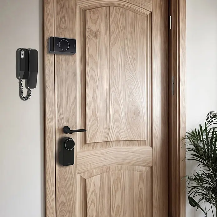 Arregui Cerradura electrónica Spin Up - Mediante app, Señal de alarma: 120 dB - Intercomunicador negro de pared y cerradura inteligente en una puerta de madera clara.