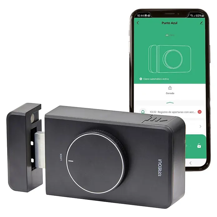 Arregui Cerradura electrónica Spin Up - Mediante app, Señal de alarma: 120 dB - Cerradura inteligente negra con pomo circular y pestillo extendido, emparejada con un smartphone que muestra su app de control.