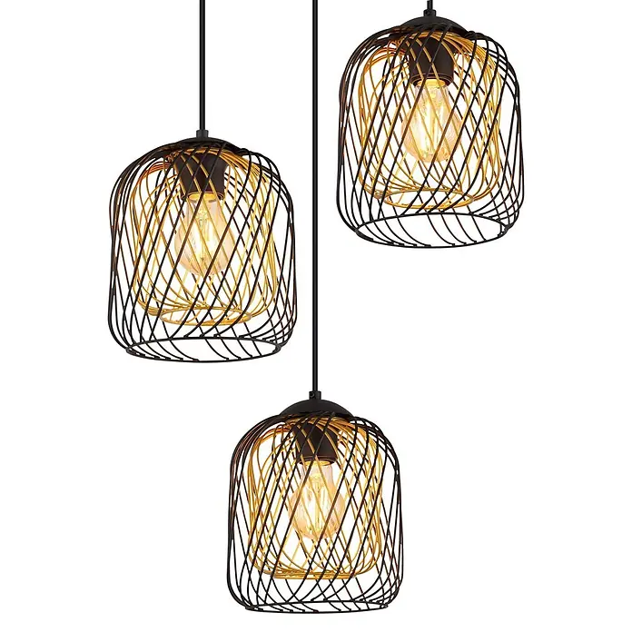 Globo Pendelleuchte Dichti - Ø x H: 394 x 1.500 mm, 40 W - Drei Hängelampen mit schwarz-goldenen Drahtkäfigschirmen und sichtbaren Glühbirnen.