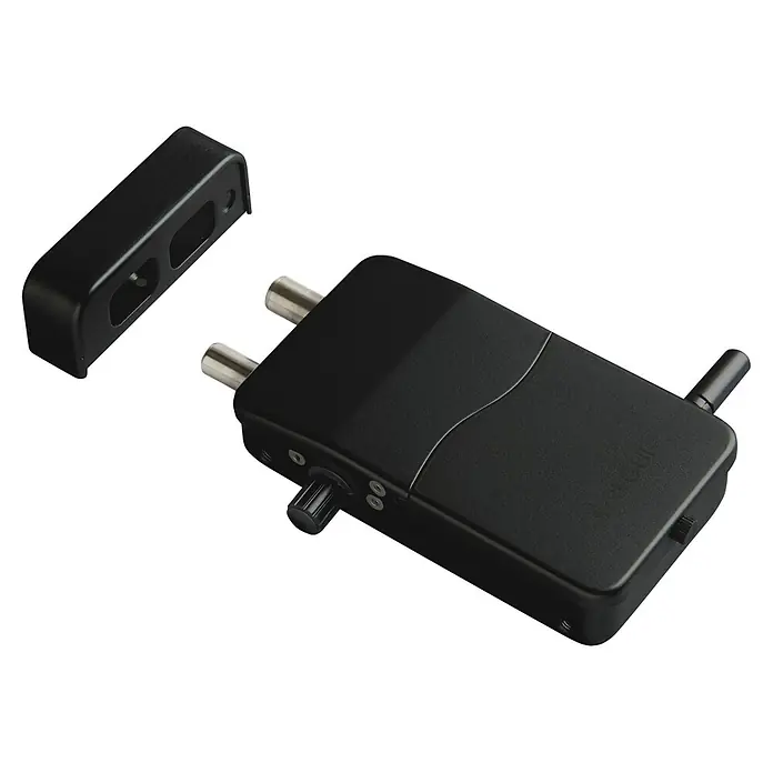 Arregui Cerradura electrónica CI10 - Negro, Apto para: Puertas, Señal de alarma: 110 dB - Módulo de bloqueo negro con pasadores metálicos, un pomo de control estriado, una antena y una pieza de cubierta negra separada.