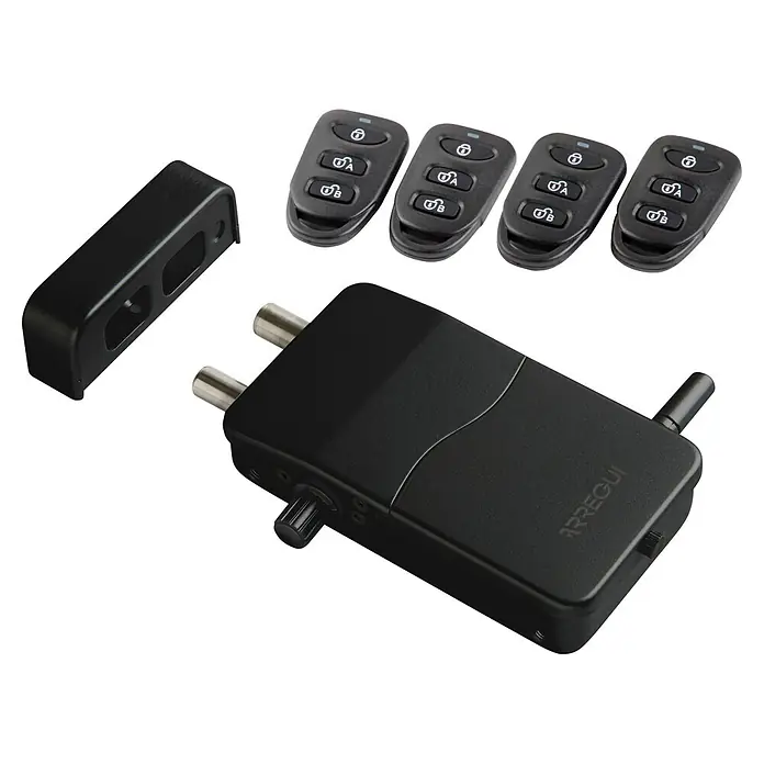 Arregui Cerradura electrónica CI10 - Negro, Apto para: Puertas, Señal de alarma: 110 dB - Sistema de cierre negro teledirigido con unidad principal, cuatro mandos a distancia tipo llavero y un soporte de montaje.