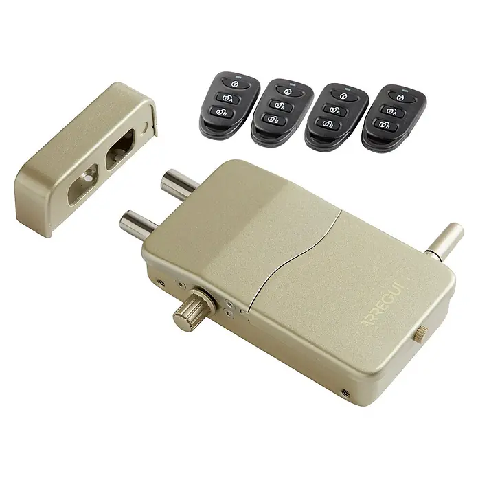 Arregui Cerradura electrónica CI10 - Dorado, Apto para: Puertas, Señal de alarma: 110 dB - Cerradura electrónica dorada con doble pestillo y cuatro mandos a distancia negros.