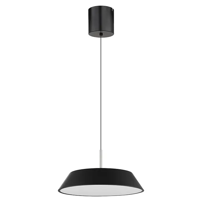 Globo LED-Pendelleuchte rund Silena - 24 W, Ø x H: 400 cm x 1.800 mm, Warmweiß - Schwarze Pendelleuchte mit breitem, konischem Schirm und weißer Innenseite, aufgehängt an einem schwarzen Baldachin.