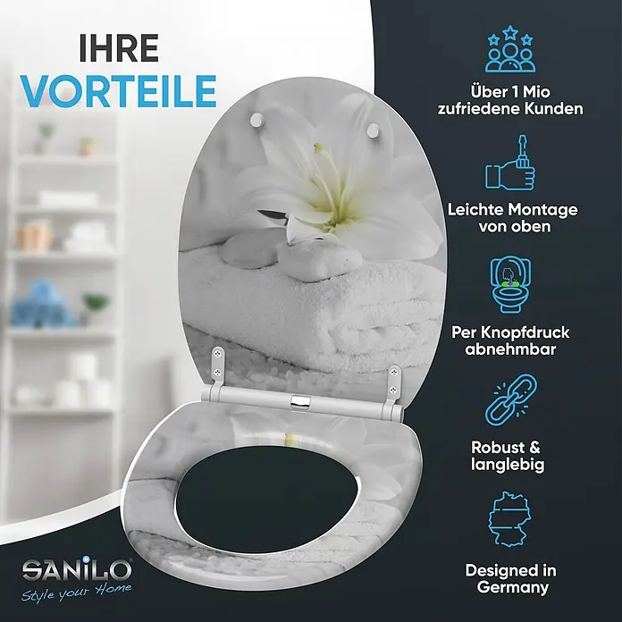 SANILO WC-Sitz Good Feeling mit Schnellverschluss - MDF, Weiß, Mit Absenkautomatik - Weißer Toilettensitz mit zartem Lilienmuster, offen in einer modernen Badezimmerumgebung.