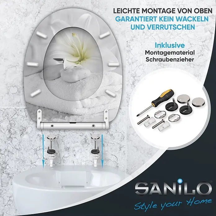 SANILO WC-Sitz Good Feeling mit Schnellverschluss - MDF, Weiß, Mit Absenkautomatik - Toilettensitz mit Lilien-Print, oben montierbar, inklusive Befestigungsmaterial und Schraubendreher.