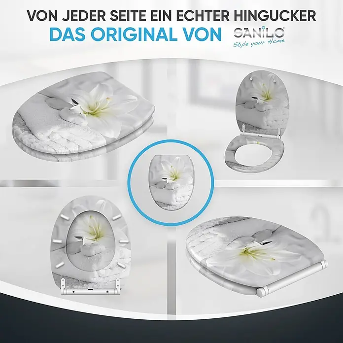 SANILO WC-Sitz Good Feeling mit Schnellverschluss - MDF, Weiß, Mit Absenkautomatik - Weißer Toilettensitz mit beruhigendem Design: weiße Lilie, Spa-Steine und Handtücher. Mehrere Ansichten zeigen den Deckel geschlossen und offen.